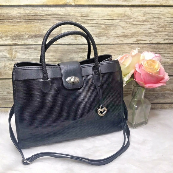 Vntg Brighton Black Striped Leather Shoulder Bag